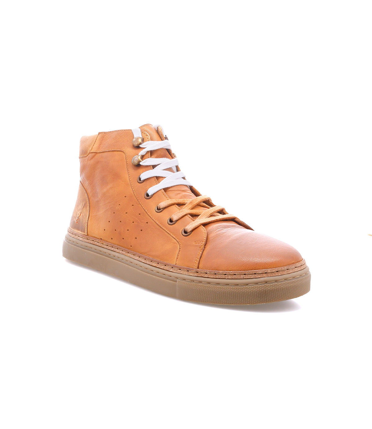 
                  
                    A Roan Mac II high-top sneaker in tan leather, featuring a gum sole, white laces, and a padded collar, is displayed at a slight angle against a white background.
                  
                