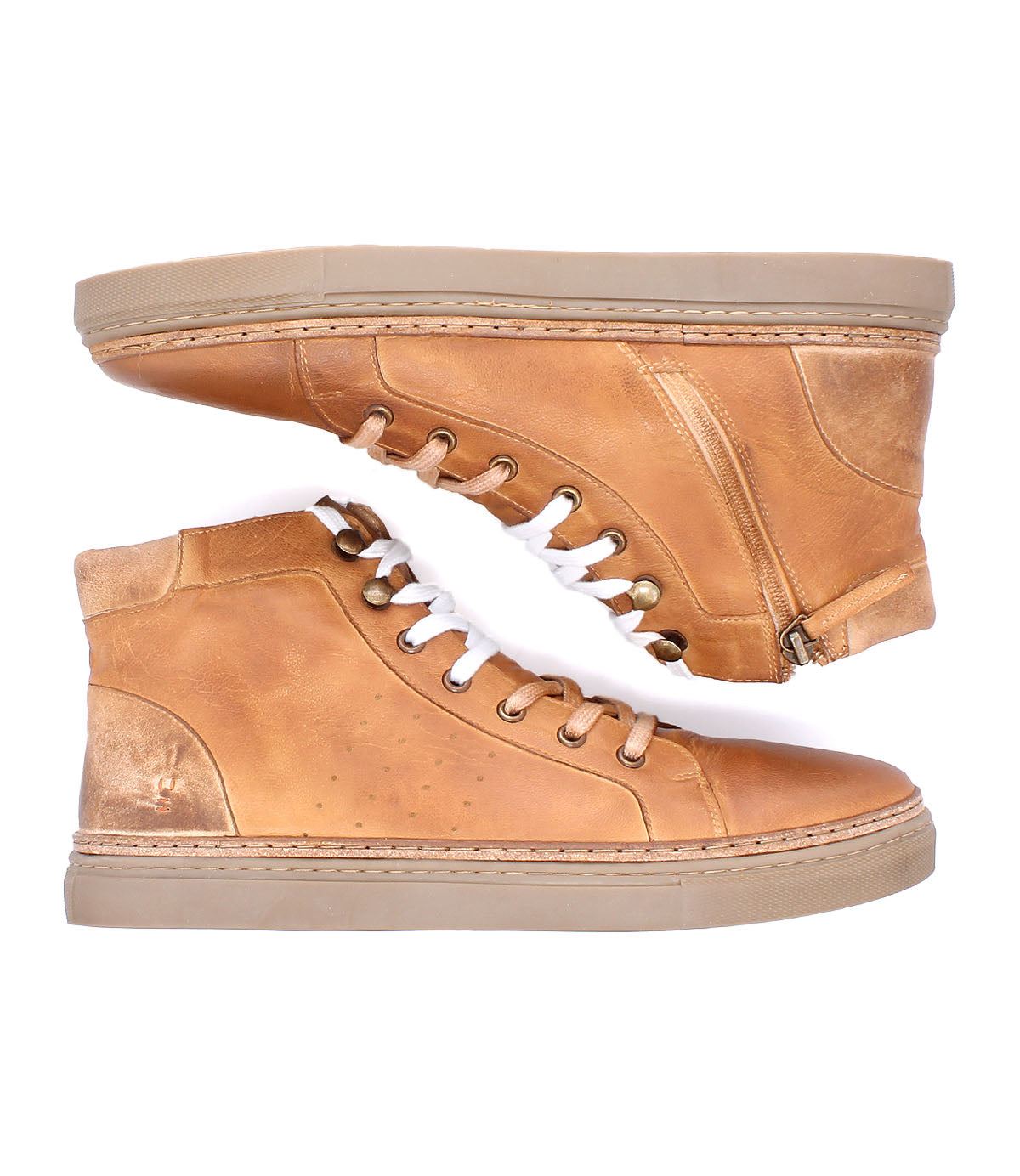
                  
                    A pair of Roan Mac II tan leather high-top sneakers featuring a padded collar, beige soles, side zippers, and brown laces, displayed in a side profile view against a white background.
                  
                