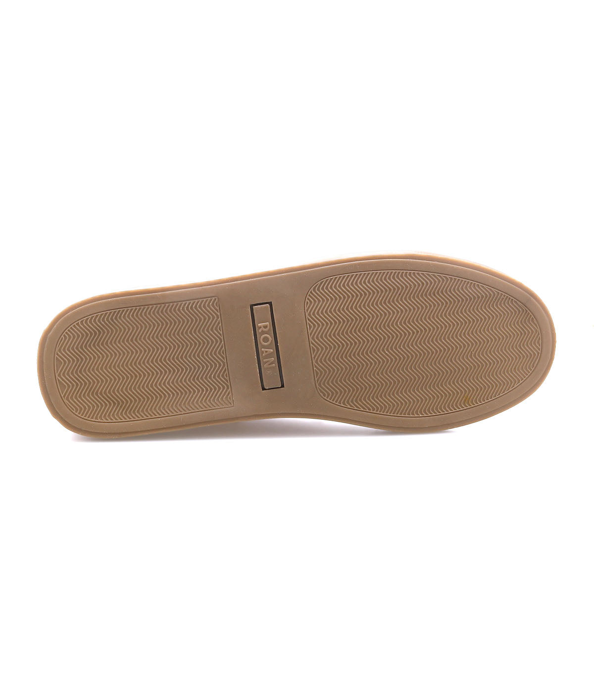 
                  
                    The image shows the bottom view of a Mac II sneaker sole by Roan, featuring a herringbone tread pattern and a rectangular “ROAN” label in the center. This solid rubber outsole is designed for premium leather high-top sneakers, offering durability and reliable grip for everyday use.
                  
                