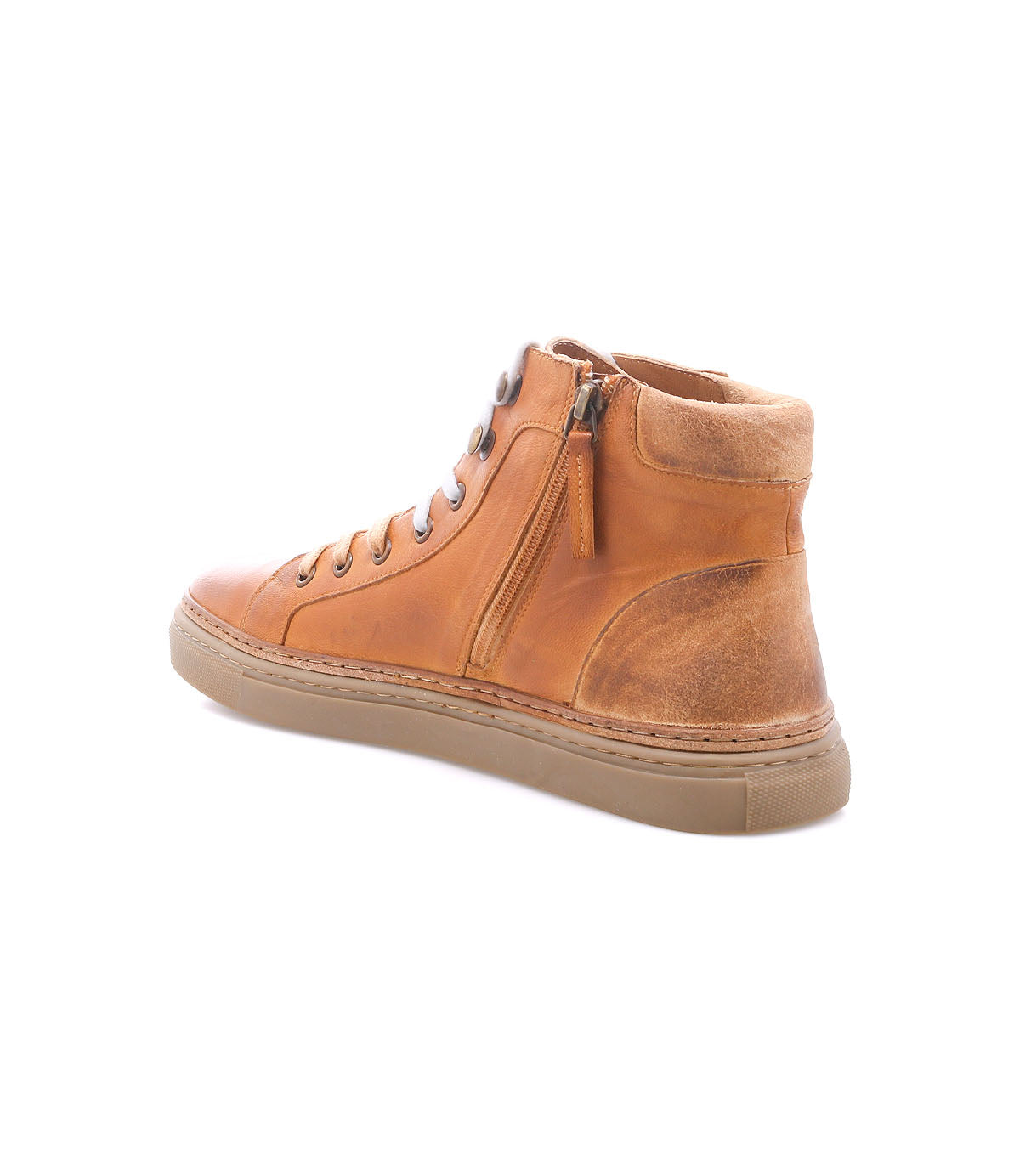
                  
                    The Roan Mac II is a tan leather high-top sneaker featuring a padded collar, side zipper, solid rubber outsole, and laces, displayed from a back side angle on a white background.
                  
                