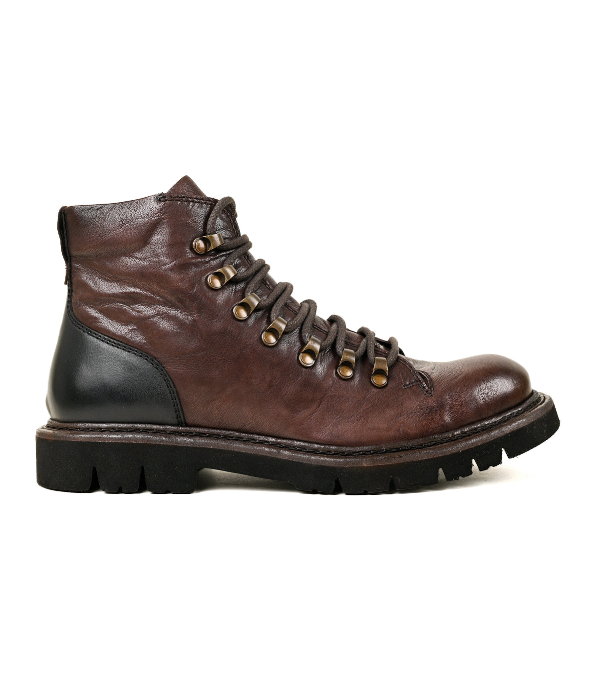 
                  
                    A single Roan Main brown Alicante leather lace-up boot with a black heel patch and rugged black sole, featuring hiker-style laces, is shown from the side on a white background.
                  
                