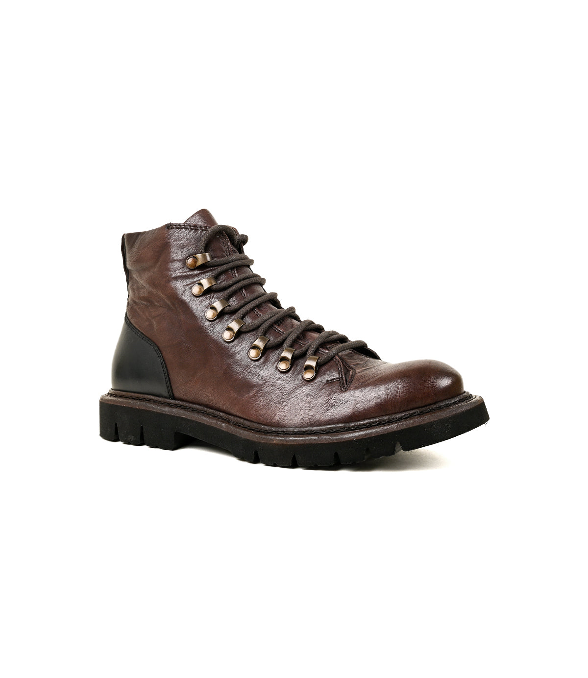 
                  
                    The Roan Main boot is a brown Alicante leather lace-up featuring metal eyelets, hiker-style laces, black heel detailing, and a thick black rubber sole, displayed on a white background.
                  
                