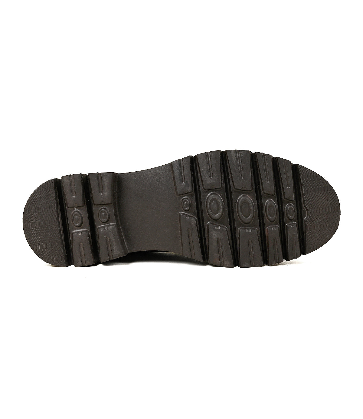 
                  
                    Black rubber shoe sole by Roan, featuring a block tread pattern and photographed from below against a white background, designed to perfectly complement the Main combat-inspired hiker boots crafted from premium Alicante leather.
                  
                