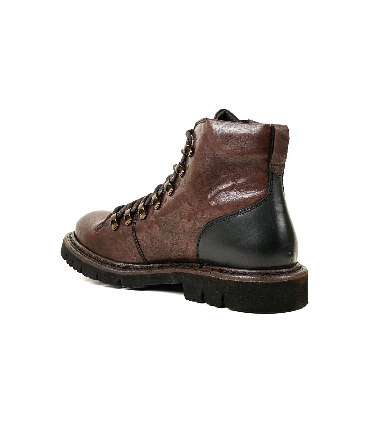 
                  
                    Roan Main brown Alicante leather lace-up boot featuring hiker-style laces, a black heel detail, rugged sole, and visible stitching, shown from a rear side angle on a white background.
                  
                