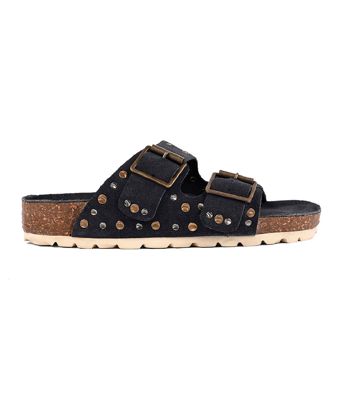The Maze by Roan is a black slip-on sandal featuring a cork footbed, thick tread, two adjustable buckle straps, and metallic stud accents on the upper.