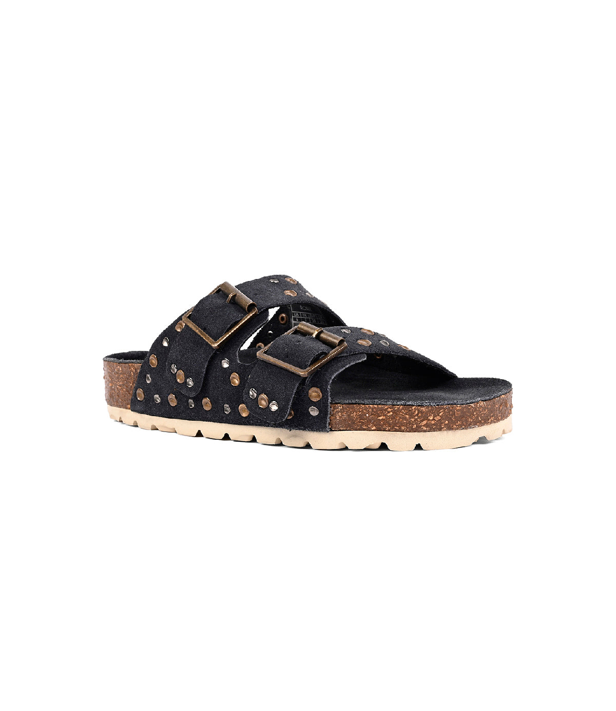 The Roan Maze is a black slip-on sandal with a suede upper, two buckle straps, and small gold dot accents on a cork footbed, shown from the side against a white background.