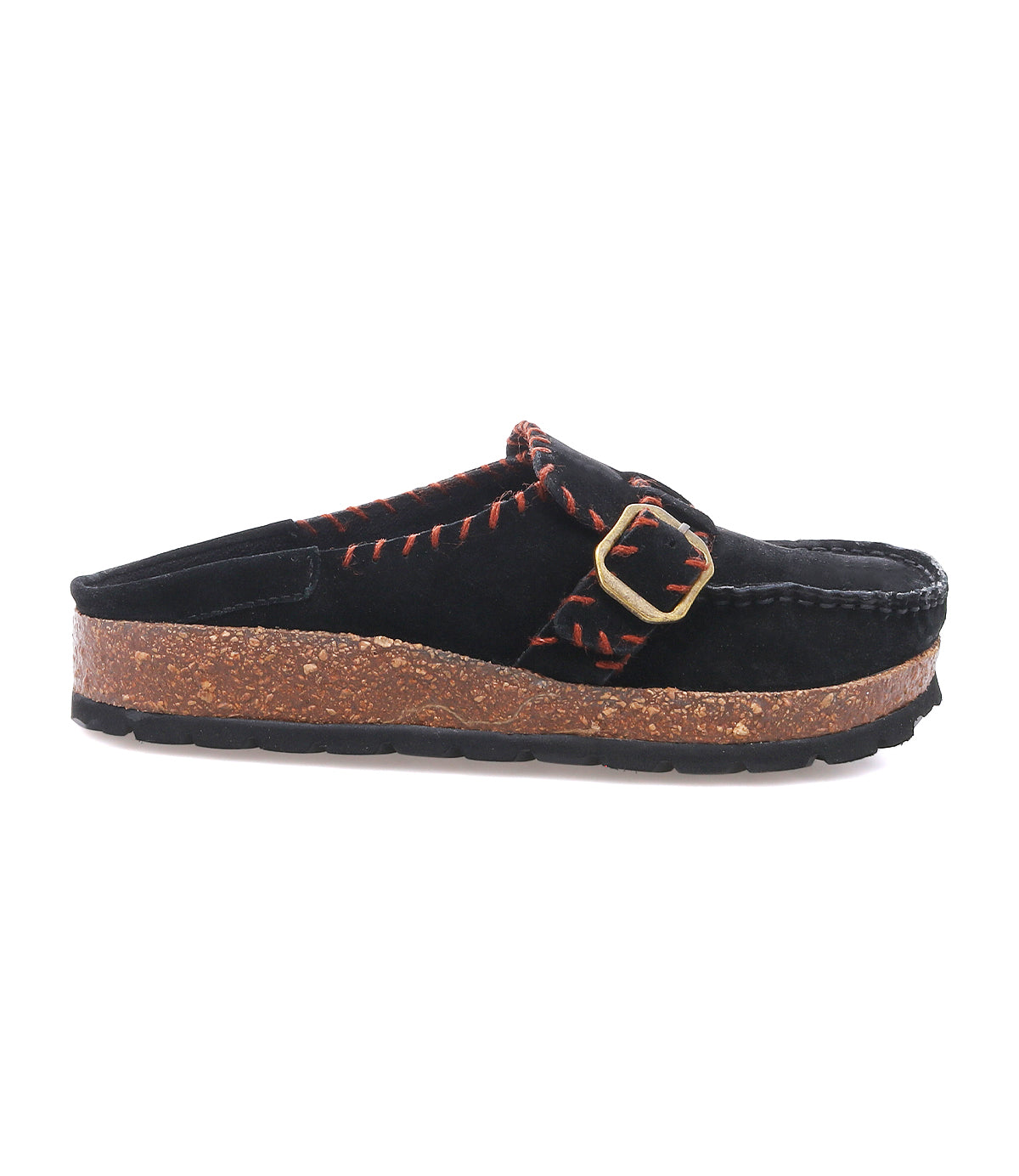 
                  
                    Roan’s Mingle is a black slip-on mule featuring a plush suede upper with red stitching, a chunky cork-wrapped sole, gold-tone buckle detail, and a black rubber outsole.
                  
                