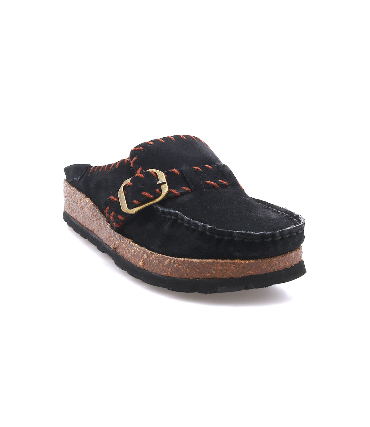 
                  
                    Introducing Mingle by Roan—a black slip-on mule crafted from plush suede, highlighted with red stitching, a gold-tone buckle detail, a chunky cork-wrapped sole, and a black rubber outsole, shown against a white background.
                  
                