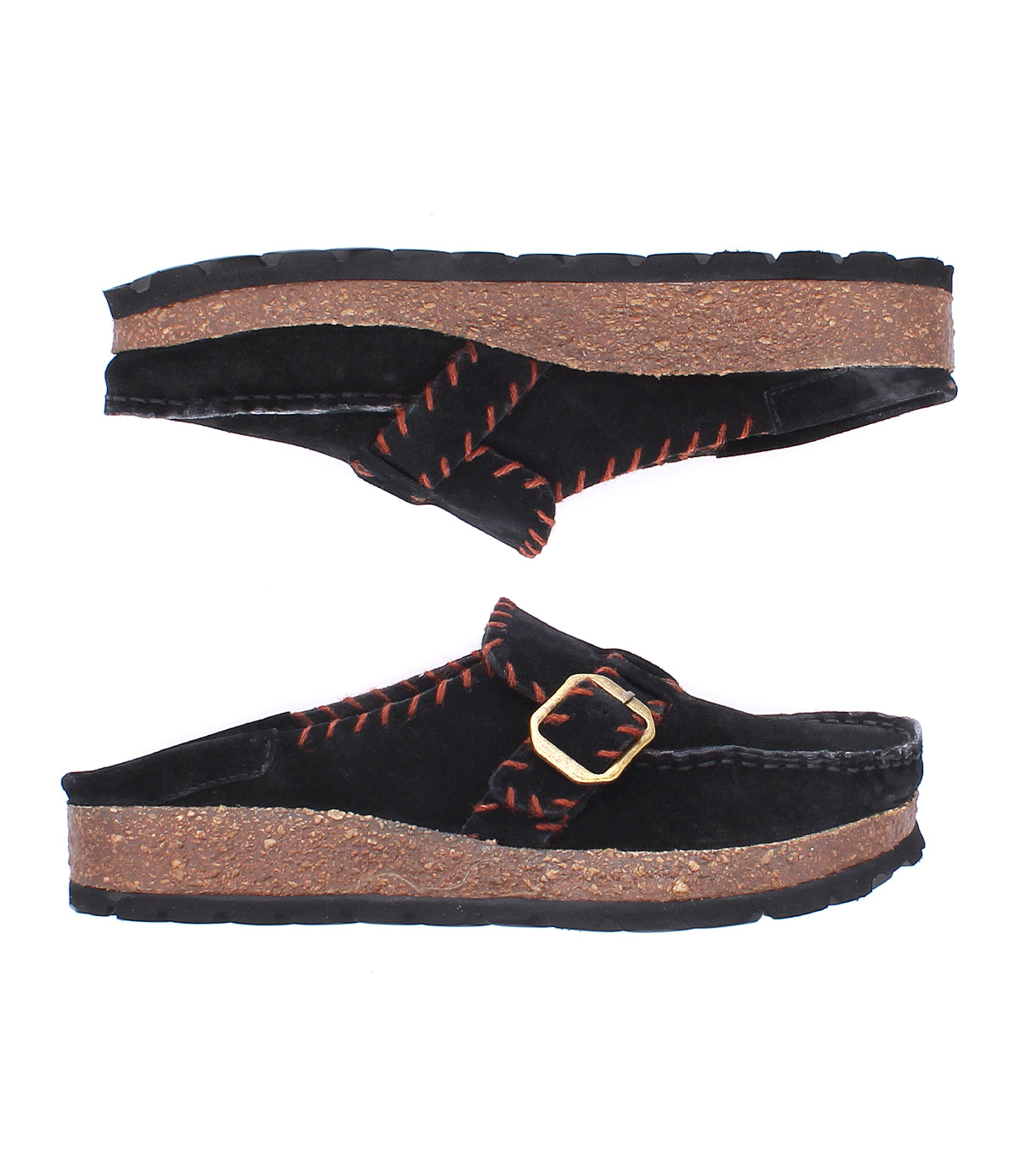 
                  
                    A pair of Roan Mingle black slip-on sandals crafted from plush suede, featuring chunky cork-wrapped soles, orange stitching, and a gold-tone buckle, displayed from the side and top views on a white background.
                  
                