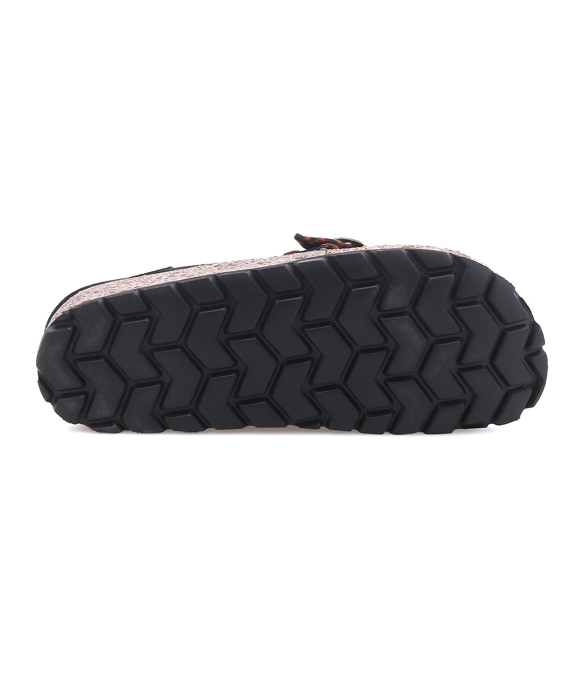 
                  
                    The image shows the bottom view of the Roan “Mingle” sandal, featuring a black sole with a geometric tread pattern and a chunky cork-wrapped base.
                  
                