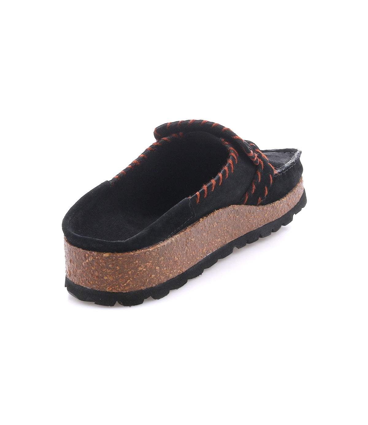 
                  
                    The Roan Mingle black slip-on sandal features a plush suede upper with red stitching, a chunky cork-wrapped platform sole, and a textured black outsole, shown from the back at an angle on a white background.
                  
                