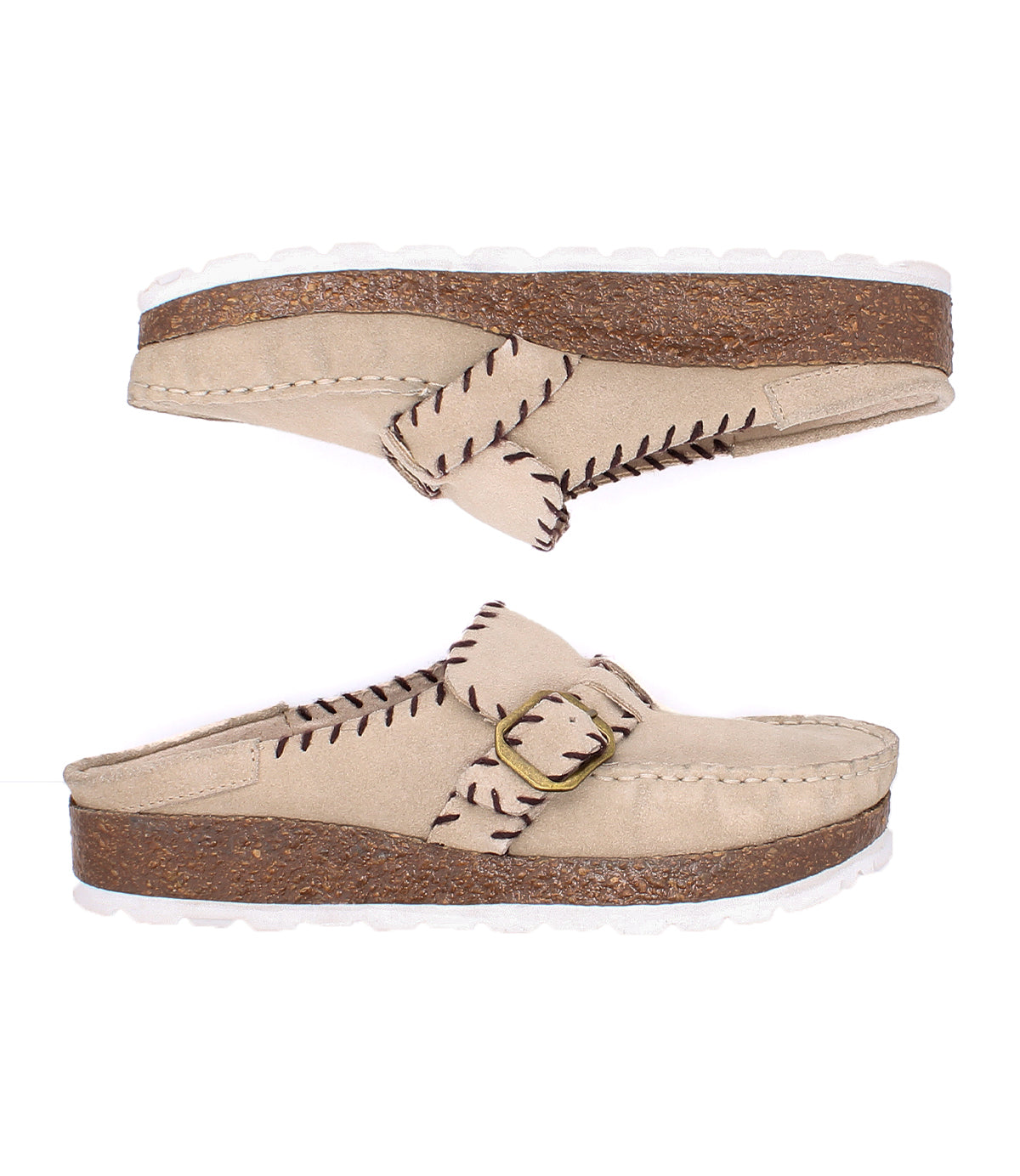 
                  
                    Two Roan “Mingle” sandals in beige, featuring slip-on style, thick chunky cork-wrapped soles, white outsoles, decorative stitching, and a gold-tone buckle detail, are placed side by side on a white background.
                  
                