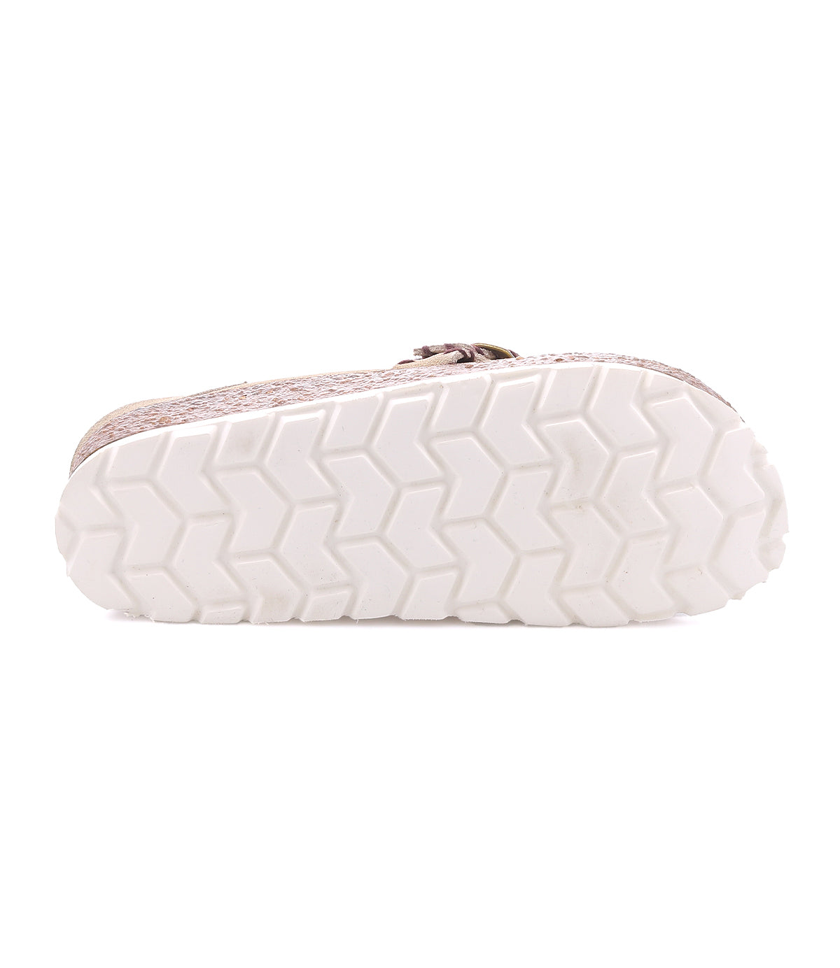 
                  
                    The image displays the bottom view of the Roan Mingle shoe, featuring a white, zigzag-patterned rubber sole set against a white background, suggesting the comfort and style provided by its plush suede upper.
                  
                