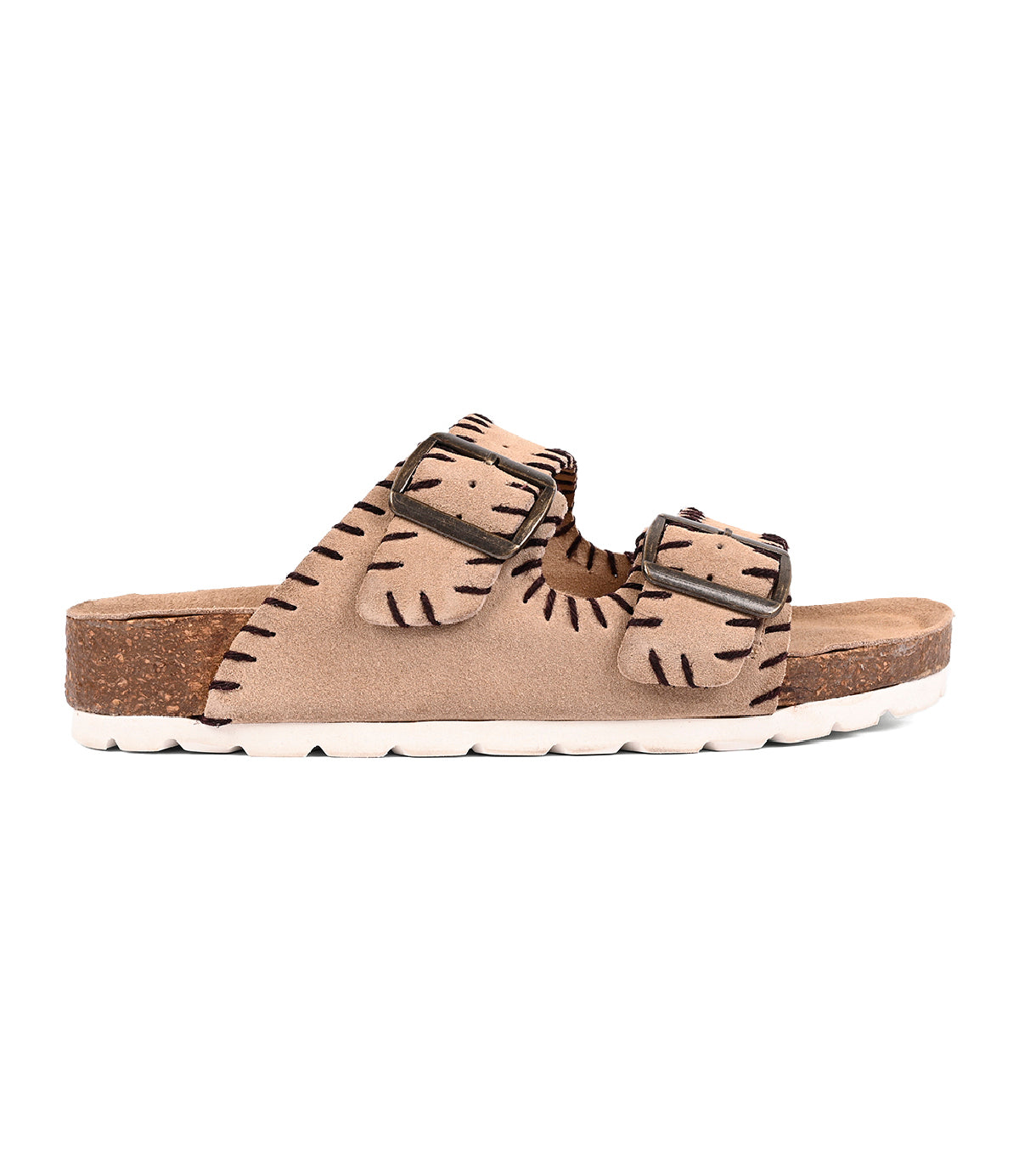 The Roan Mode sandals feature beige suede, two adjustable buckles, decorative stitching, and a cork footbed with a white textured sole.