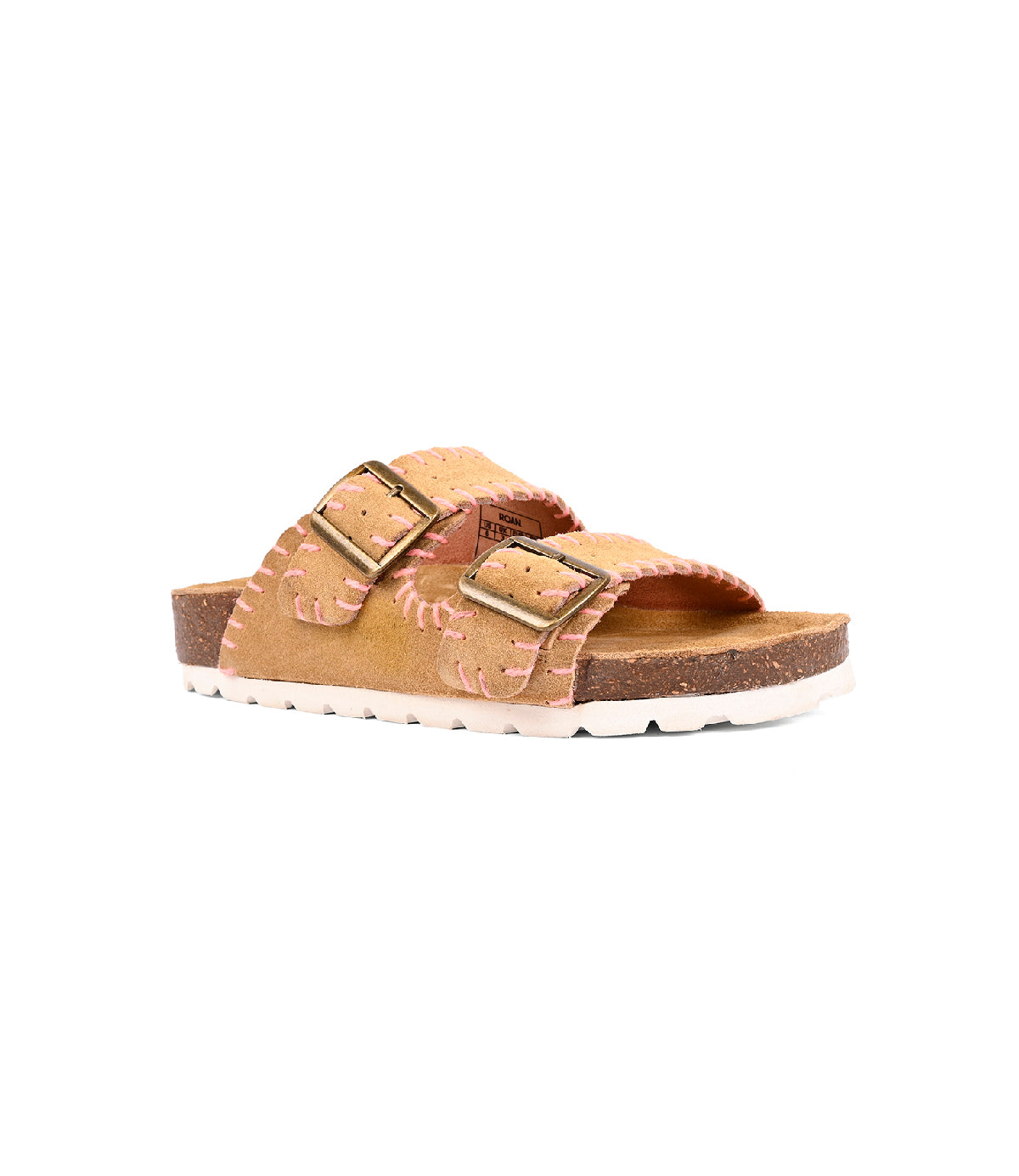 
                  
                    The Roan Mode sandal features tan suede, two adjustable buckles, visible stitching, a contoured cork footbed, and a white ridged sole, shown from a slight angle.
                  
                
