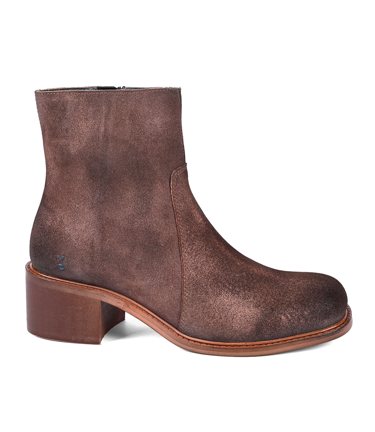 The product "Notice" by Roan is a brown suede ankle boot featuring a block heel, square toe design, and side zipper, presented against a white background.