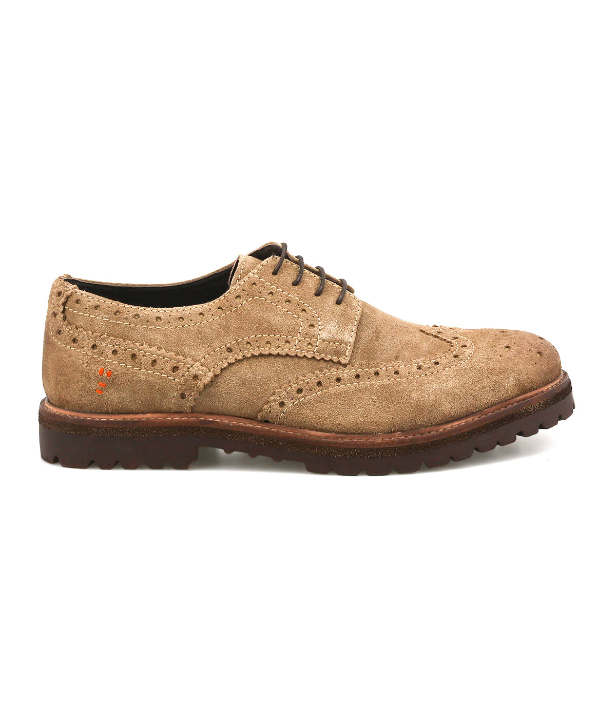 The Roan Phiz is a men's tan suede wingtip brogue derby featuring decorative perforations, brown laces, and a chunky lug sole, shown in side profile.