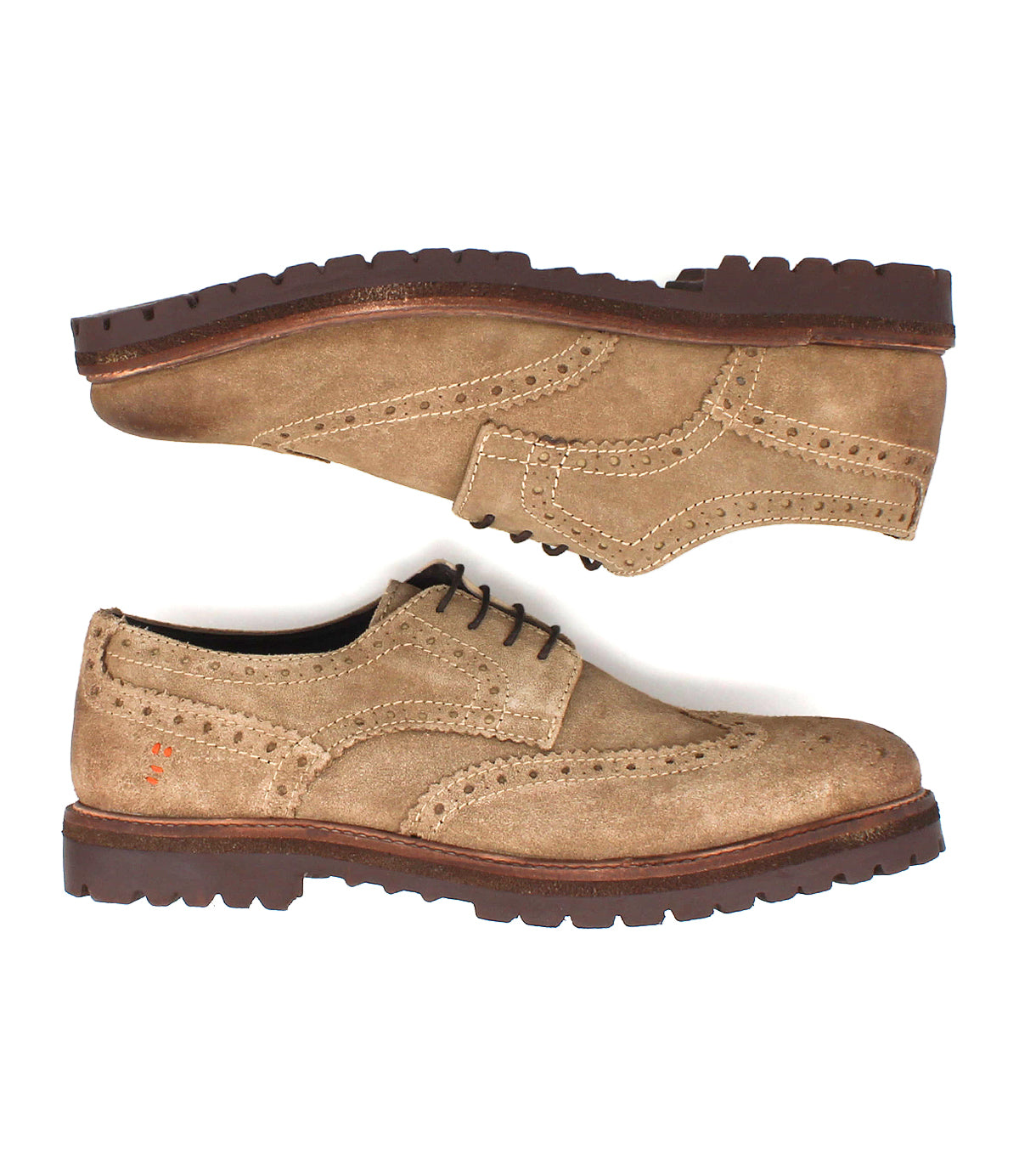 
                  
                    A pair of Roan Phiz men's tan suede wingtip brogue derby shoes with chunky lug soles, displayed side view with one shoe above the other.
                  
                
