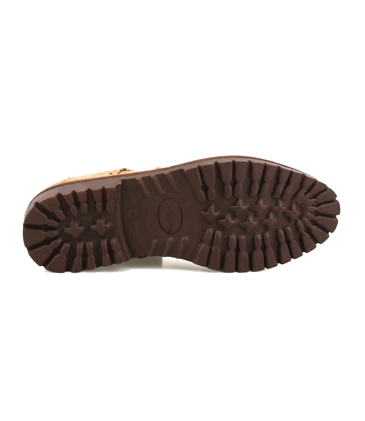 
                  
                    The image shows the brown, rugged outsole of the Roan Phiz wingtip brogue derby, with a chunky lug sole and deep, patterned tread designed for traction.
                  
                