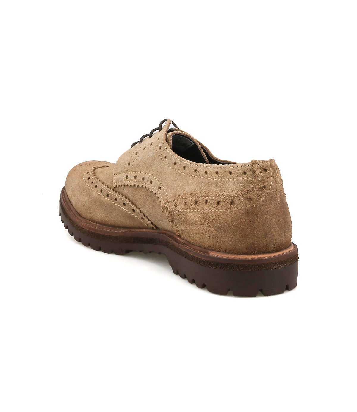 
                  
                    The Roan Phiz is a tan suede wingtip brogue derby dress shoe with black laces, decorative perforations, and a dark brown sole, shown from the rear left view.
                  
                
