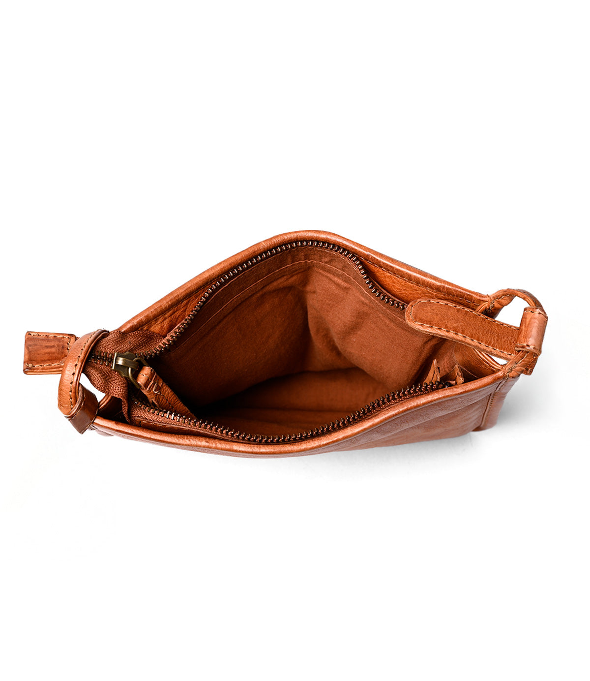 
                  
                    Top view of an open handcrafted brown cow flame leather Roan Quetzal bag with a fabric-lined interior, shown on a white background.
                  
                