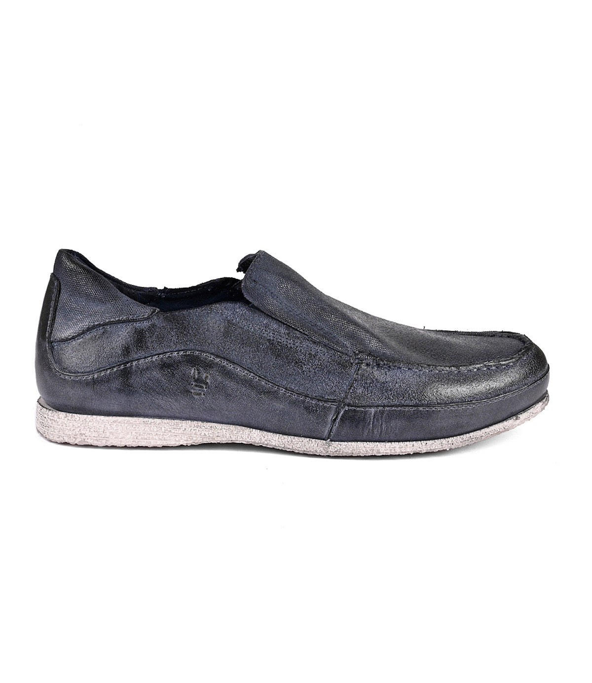 Roan Shevon black leather slip-on shoe with a canvas and leather upper, isolated on a white background.