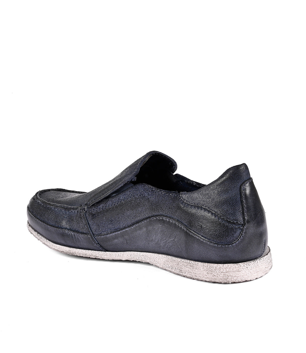 
                  
                    A single used Roan Shevon black leather slip-on shoe isolated on a white background.
                  
                