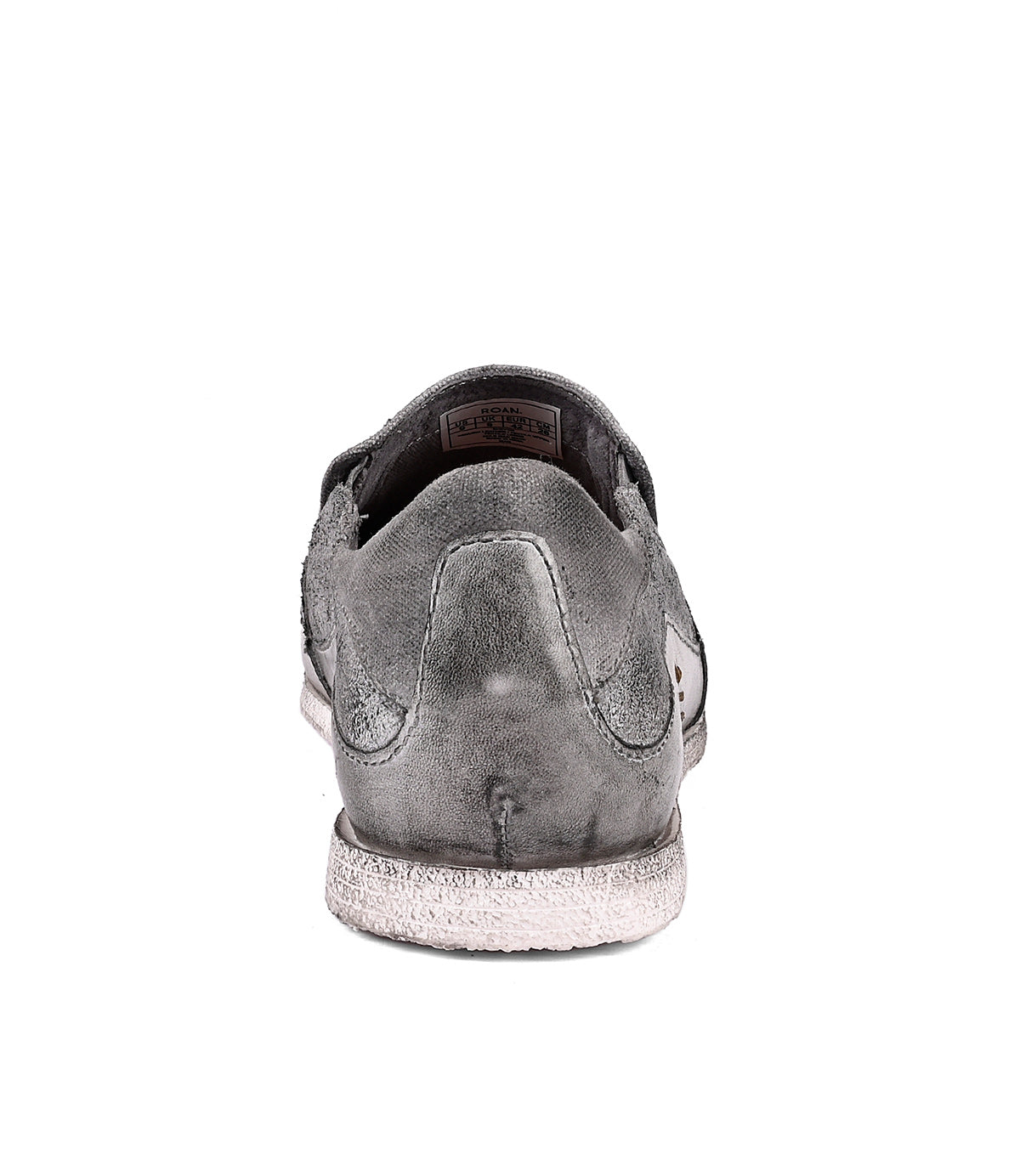 
                  
                    Rear view of a single Roan Shevon grey leather slip-on sneaker isolated on a white background.
                  
                