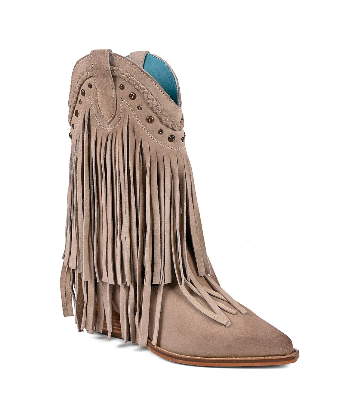 
                  
                    The 'Setup' by Roan is a Western-inspired tan boot made from premium suede. It features fringe detailing, studded accents, a pointed toe, and a wooden heel.
                  
                
