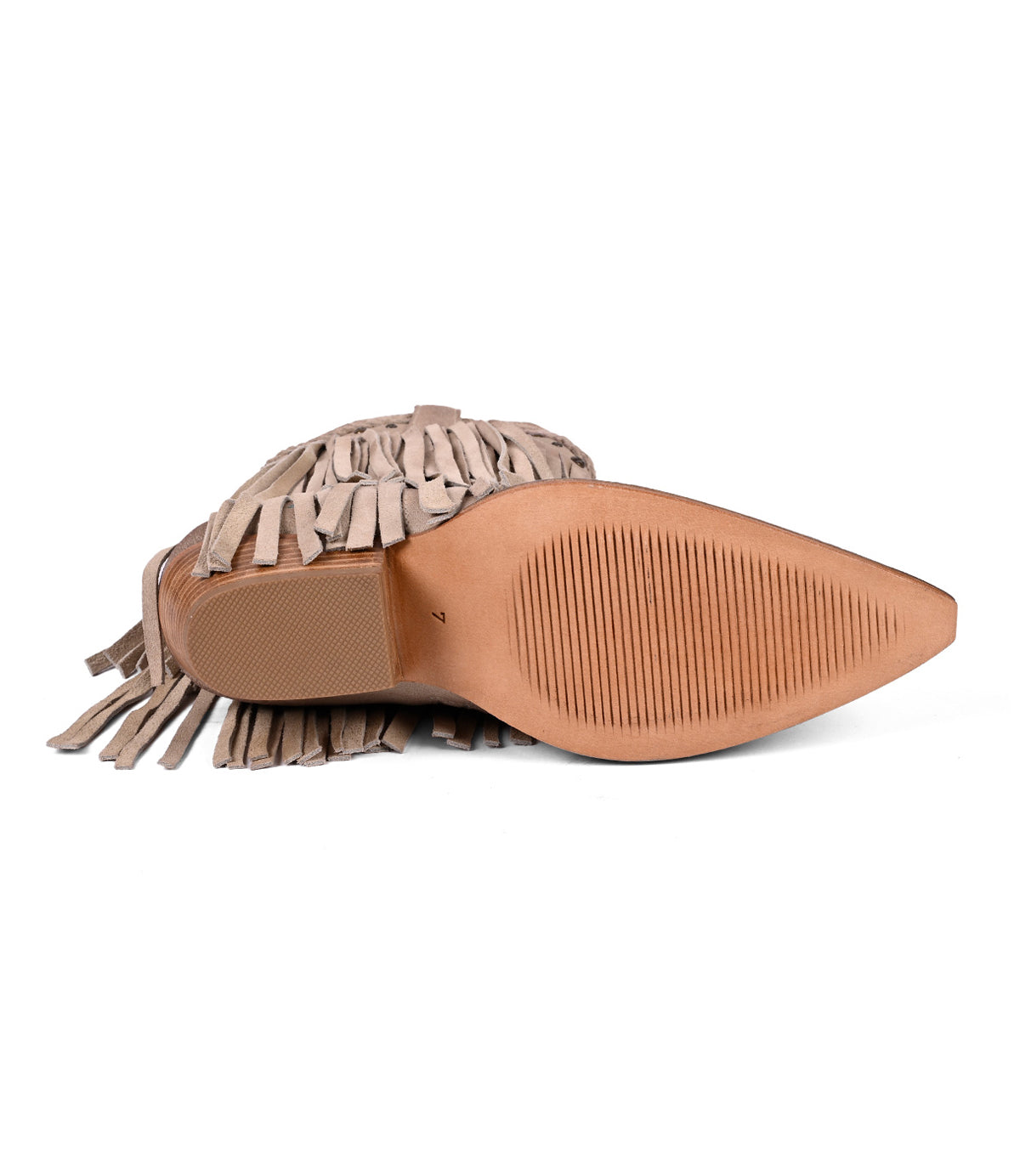 
                  
                    Bottom view of the Roan Setup shoe in tan, made from premium suede with fringe detailing on the sides and a pointed toe, completed with a ribbed sole pattern.
                  
                