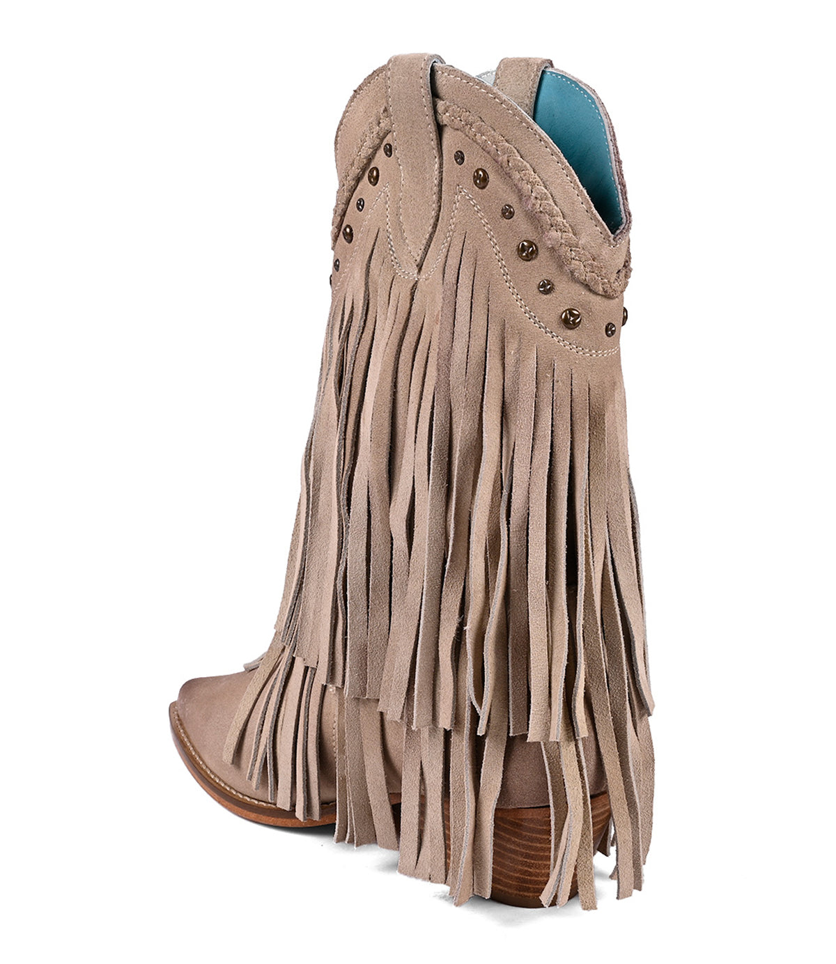 
                  
                    The taupe cowgirl boot, "Setup" by Roan, features premium suede craftsmanship with fringe detailing, unique studs, and a turquoise lining. Side and back views highlight its Western-inspired design.
                  
                