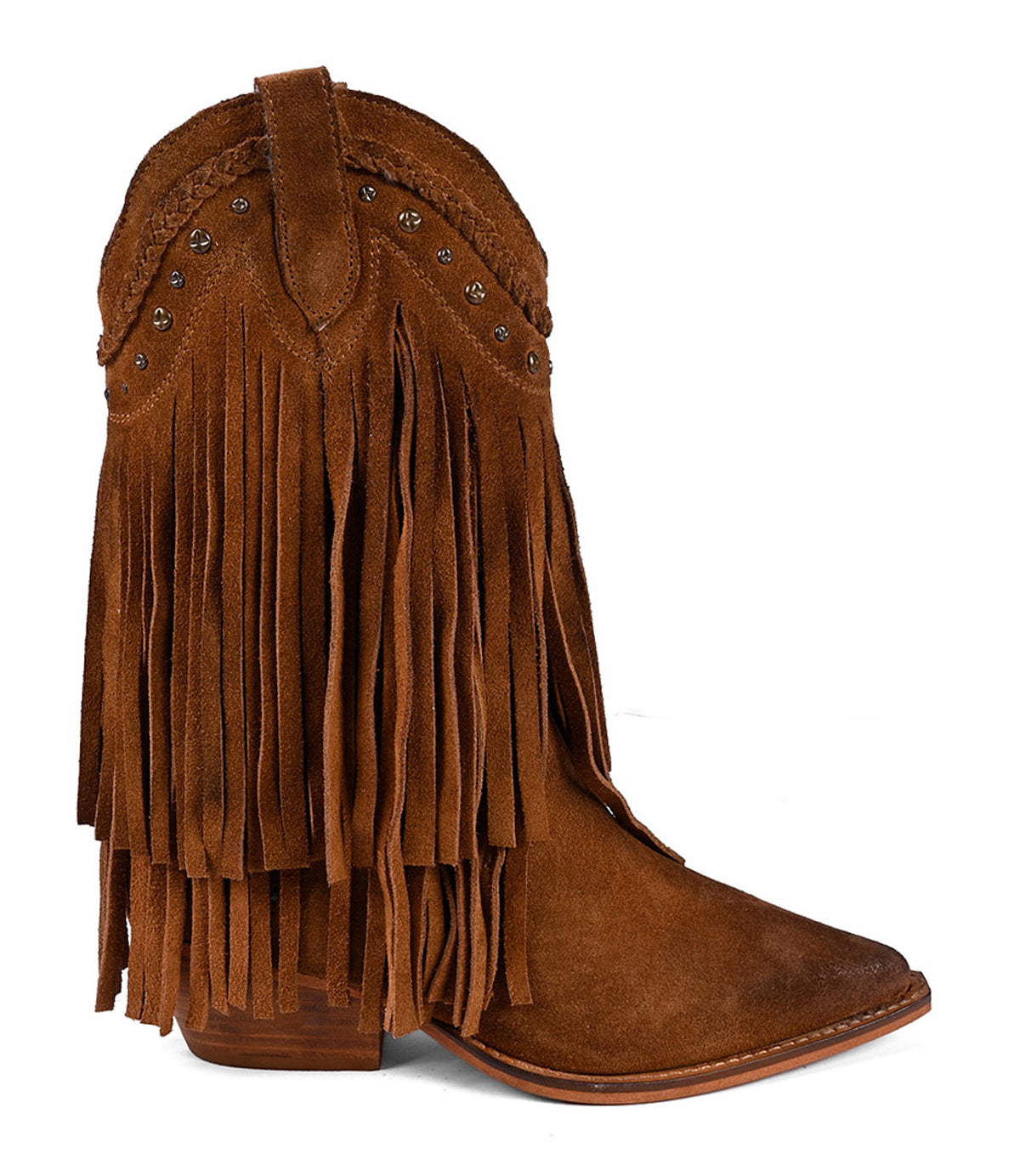 
                  
                    The "Setup" by Roan is a premium suede cowboy boot with fringe detailing and decorative studs along the top edge.
                  
                