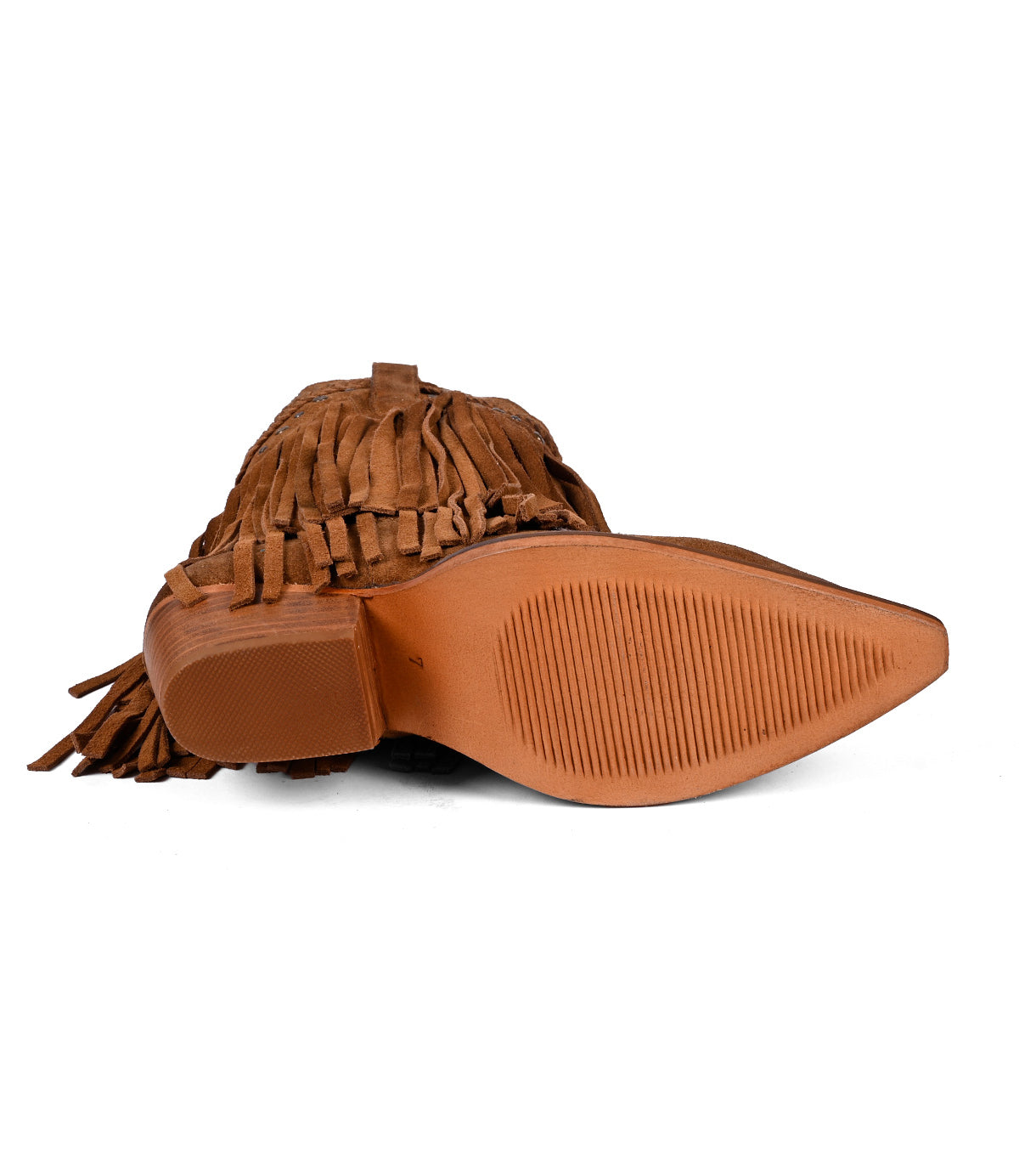 
                  
                    The Setup by Roan is a premium brown suede cowboy hat with fringes, shown from a bottom angle to highlight its inner ribbed texture.
                  
                
