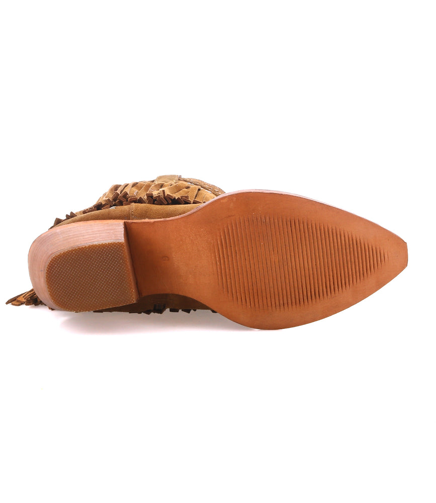 
                  
                    Bottom view of the Roan Setup shoe, featuring a textured rubber sole and patterned upper with premium brown suede and subtle Western-inspired boot accents.
                  
                