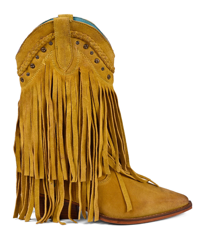 
                  
                    Roan's "Setup" yellow suede cowboy boot features premium fringe detailing and stud accents, angled to the right on a white background.
                  
                