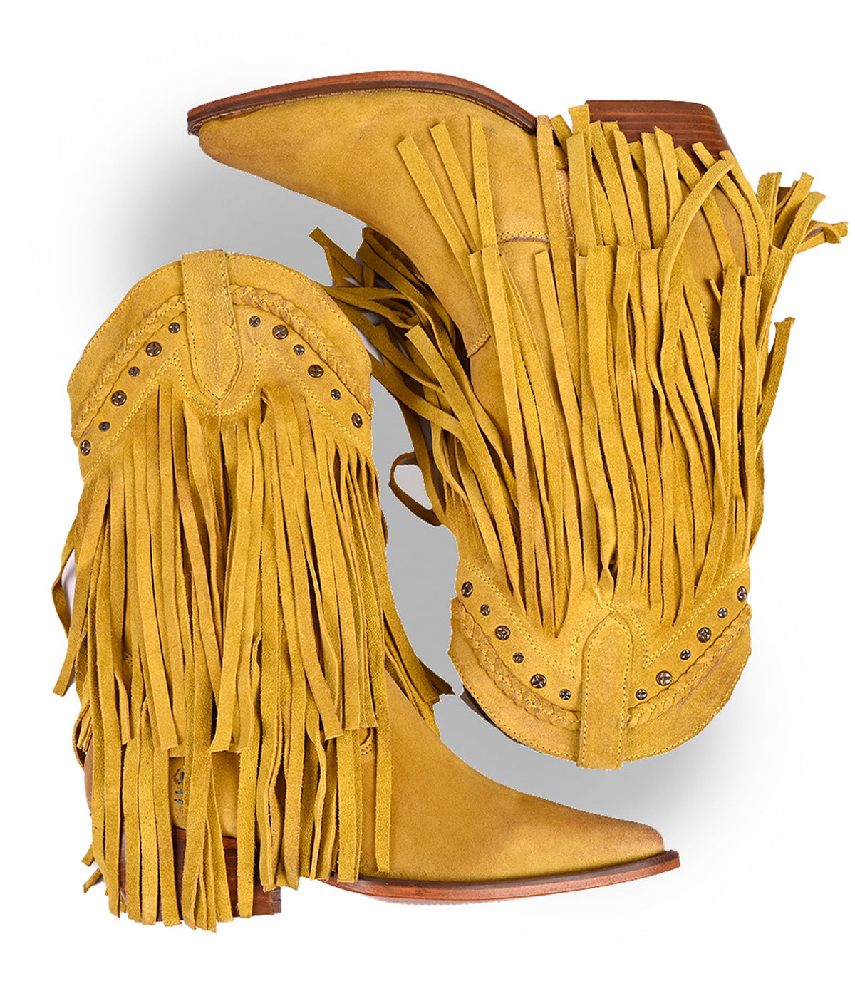 
                  
                    Top view of the "Setup" yellow suede cowboy boots by Roan, featuring premium fringe detailing and decorative studs.
                  
                