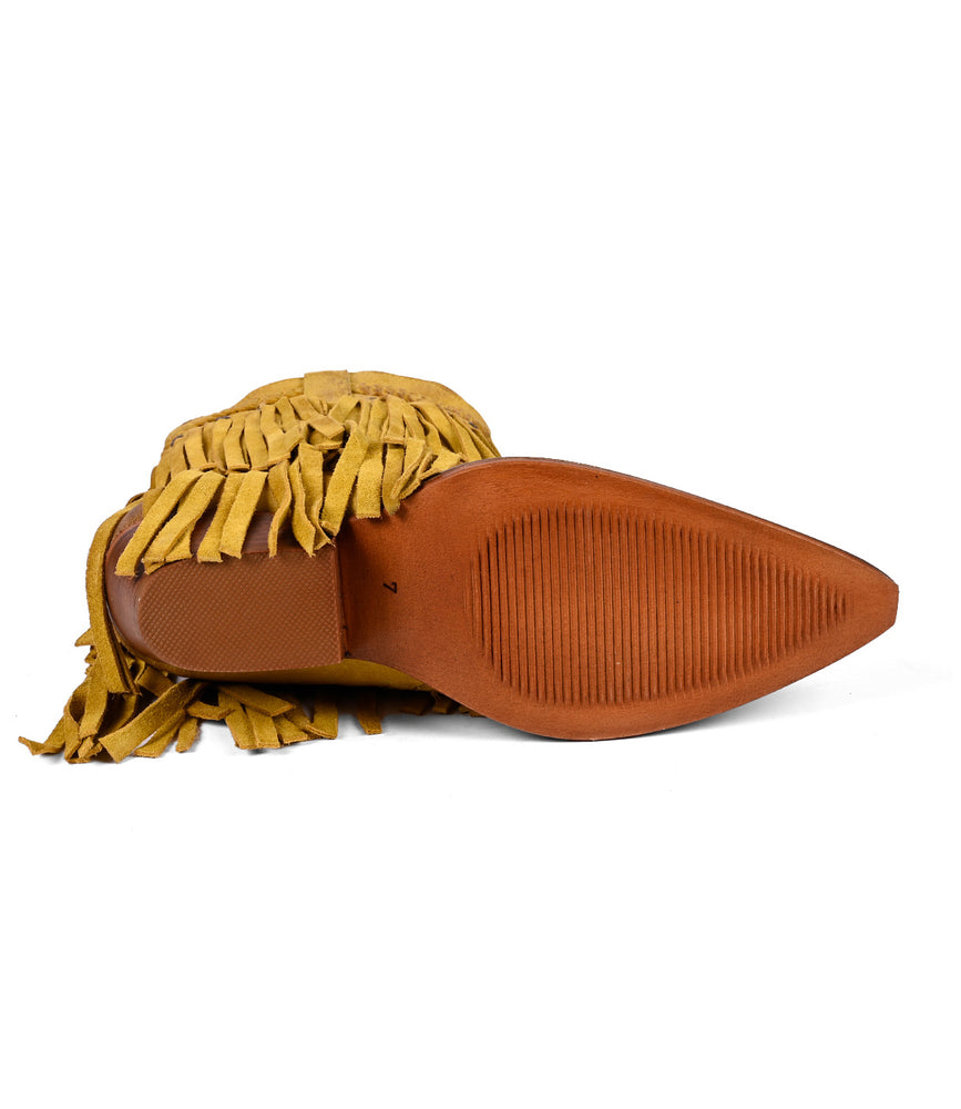 
                  
                    Setup by Roan features a pointed toe, yellow fringe detailing on top, and a textured sole. Crafted from premium brown suede, it is elegantly displayed soles up.
                  
                