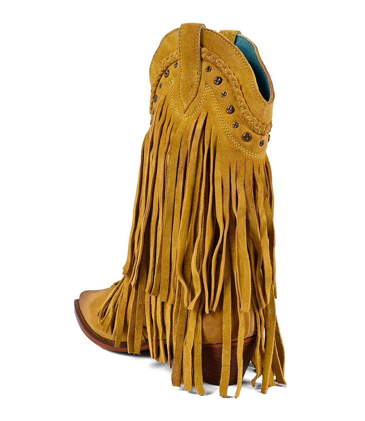 
                  
                    The Roan Setup is a Western-inspired boot in premium yellow suede, featuring fringe detailing and decorative studs on the upper section, viewed from the side.
                  
                