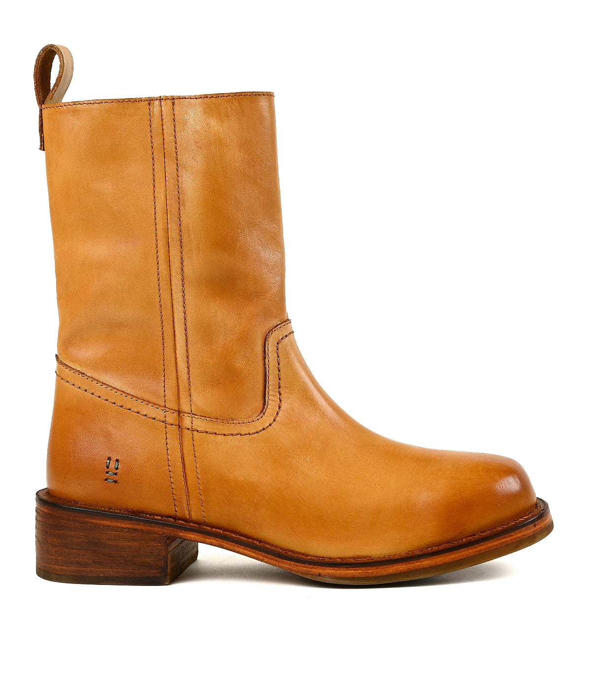 
                  
                    The Splitter by Roan is a tan leather mid-calf boot featuring a chunky leather silhouette, low stacked heel, pull tab at the back, and visible side stitching details.
                  
                