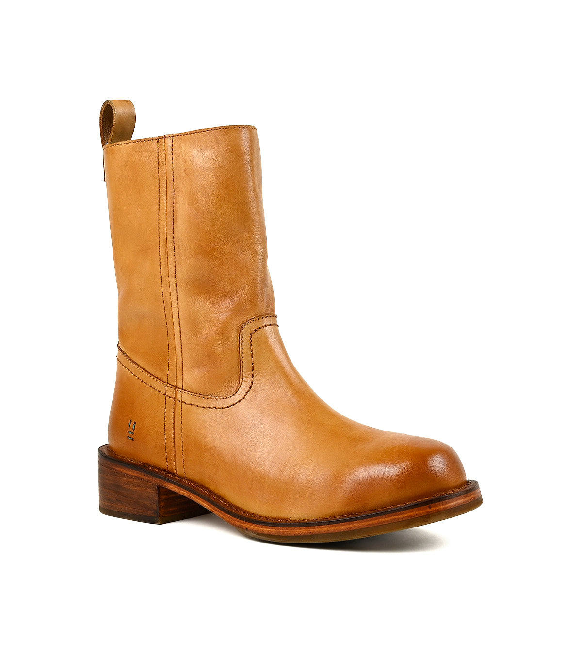 
                  
                    Roan Splitter is a tan leather ankle boot featuring a low stacked heel, round toe, pull tab at the back, visible stitching details, and a convenient inner-ankle zipper for easy on and off.
                  
                