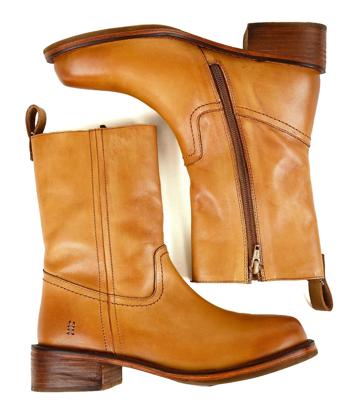 
                  
                    A pair of Roan Splitter tan leather mid-calf boots, showcasing a chunky leather silhouette with low stacked heels, side pull tabs, and an inner-ankle zipper for easy wear, displayed from both the side and top views.
                  
                