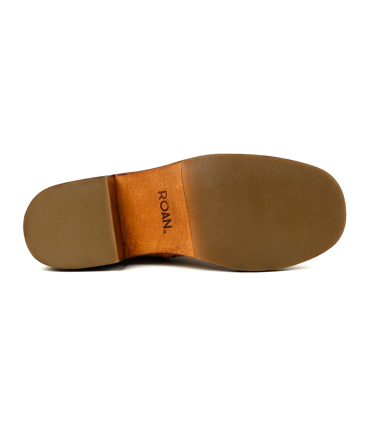 
                  
                    The image displays the sole of a brown Splitter shoe by Roan, with the brand name printed near the heel area, suggesting its rugged boots design.
                  
                