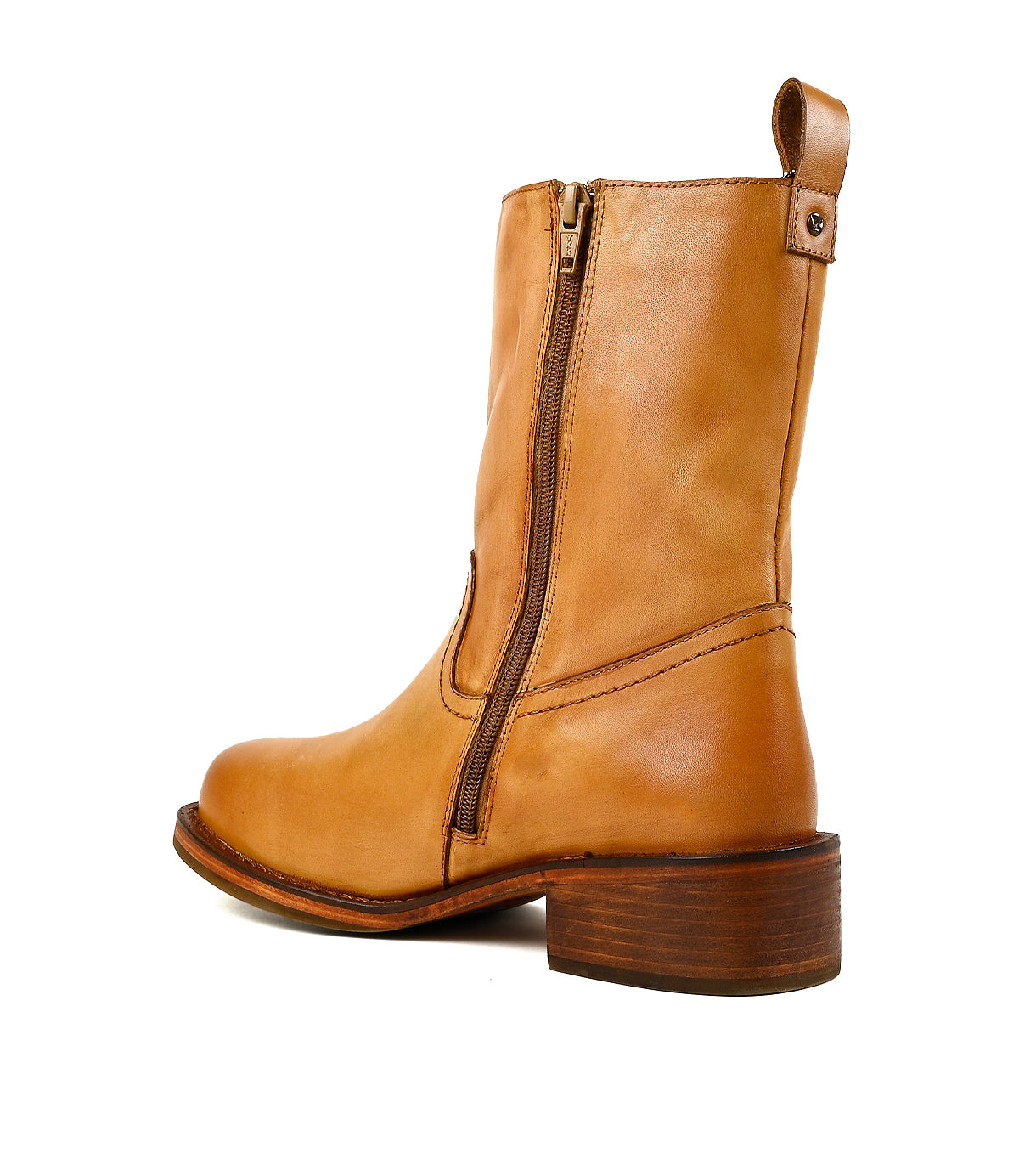
                  
                    Side view of the Splitter ankle boot by Roan in tan leather, featuring a chunky silhouette, low stacked heel, inner-ankle zipper, and back pull tab.
                  
                