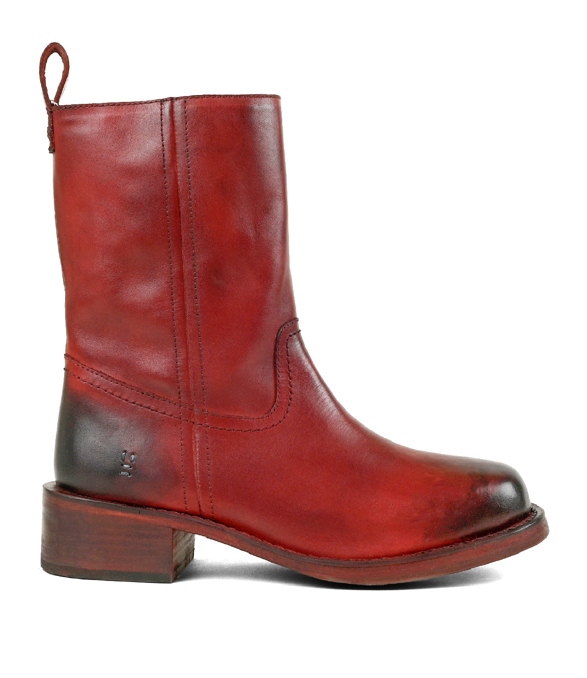 
                  
                    The Roan Splitter is a red leather mid-calf boot showcasing a chunky leather silhouette, low stacked heel, and pull tab, with an inner-ankle zipper for easy wear. Displayed in side profile against a white background.
                  
                