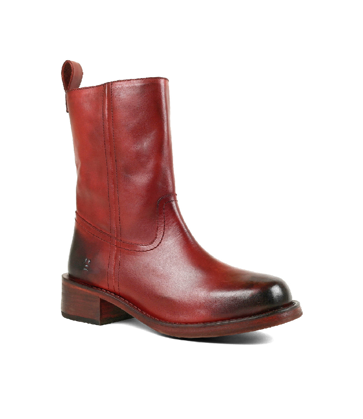 
                  
                    A single Roan Splitter red leather mid-calf boot featuring a low heel, chunky leather silhouette, inner-ankle zipper, and pull tab, displayed against a white background.
                  
                