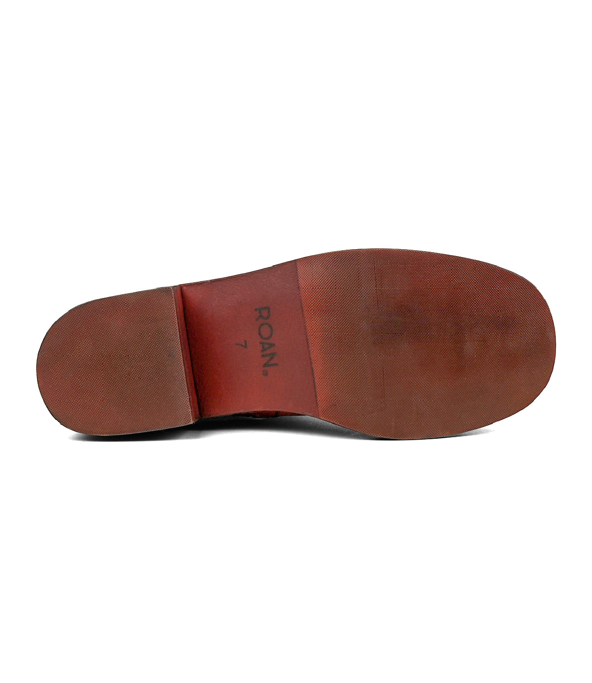 
                  
                    The image shows the worn brown sole of a Roan Splitter dress shoe with “ROAN” and the number “7” printed near the arch, suggesting a chunky leather silhouette reminiscent of sturdy boots.
                  
                