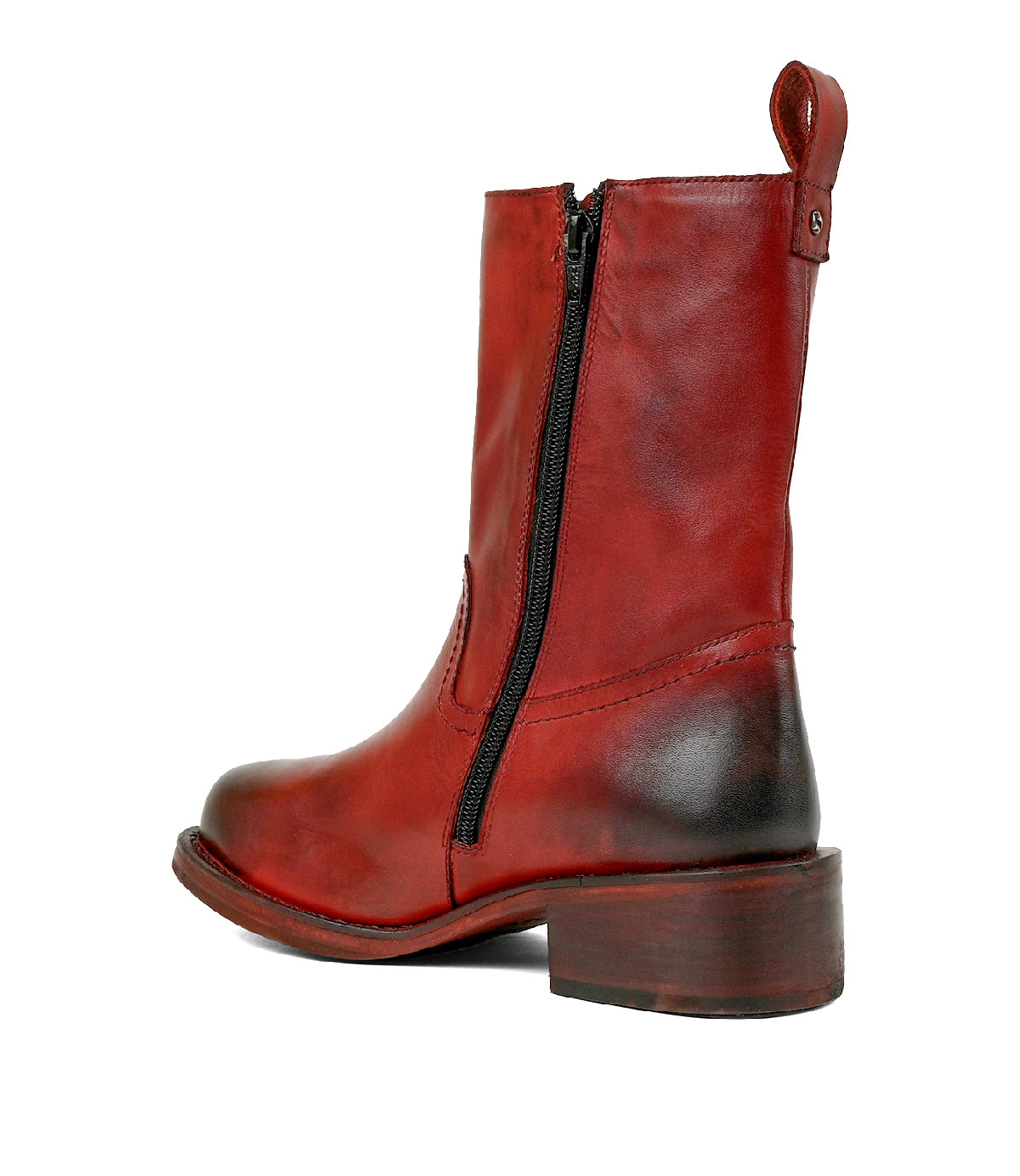 
                  
                    The Roan “Splitter” is a single red leather ankle boot with a chunky silhouette, featuring a black inner-ankle zipper, round toe, low block heel, and pull tab at the back, displayed against a white background.
                  
                