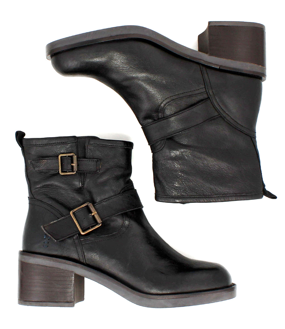 
                  
                    The Spry by Roan: moto-inspired black hand-finished leather ankle boots with chunky heels, double decorative buckle straps, and metal buckles, shown in side and top-down views.
                  
                