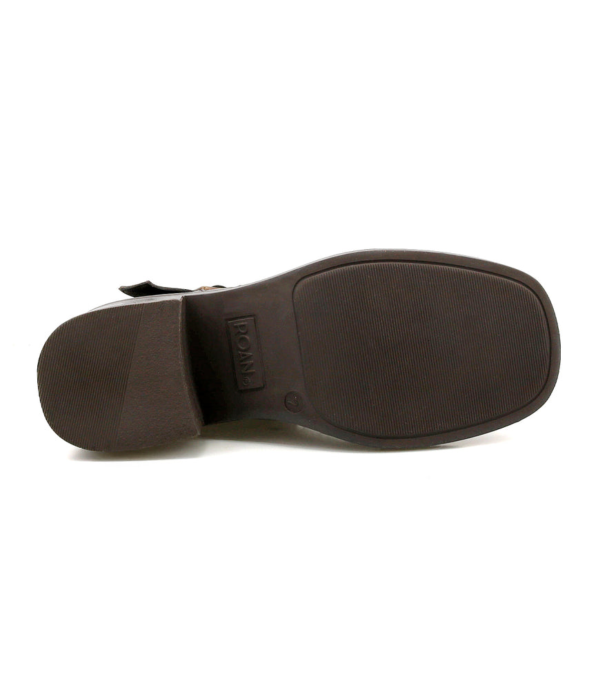 
                  
                    The image shows the bottom view of a brown moto-inspired Spry ankle boot sole by Roan, featuring a textured tread and a small rectangular logo near the heel.
                  
                
