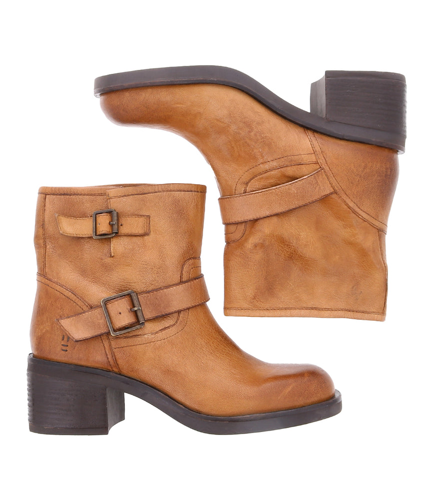 
                  
                    The Roan Spry ankle boots showcase moto-inspired style in hand-finished tan leather with double buckle straps, plus chunky dark brown heels and soles. Features are visible in side and bottom views.
                  
                